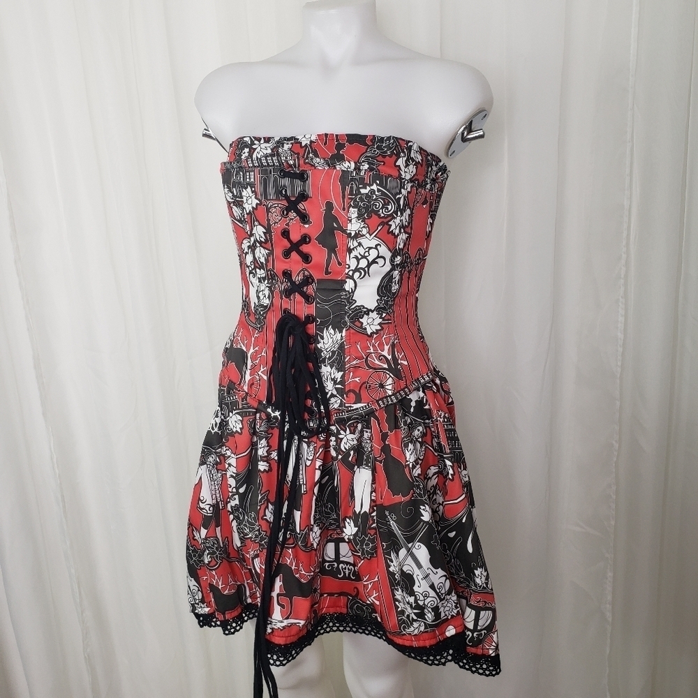 Whimsygoth Red Fairy Grunge Strapless corset Bustier Dress Regency Lace-Up Small
